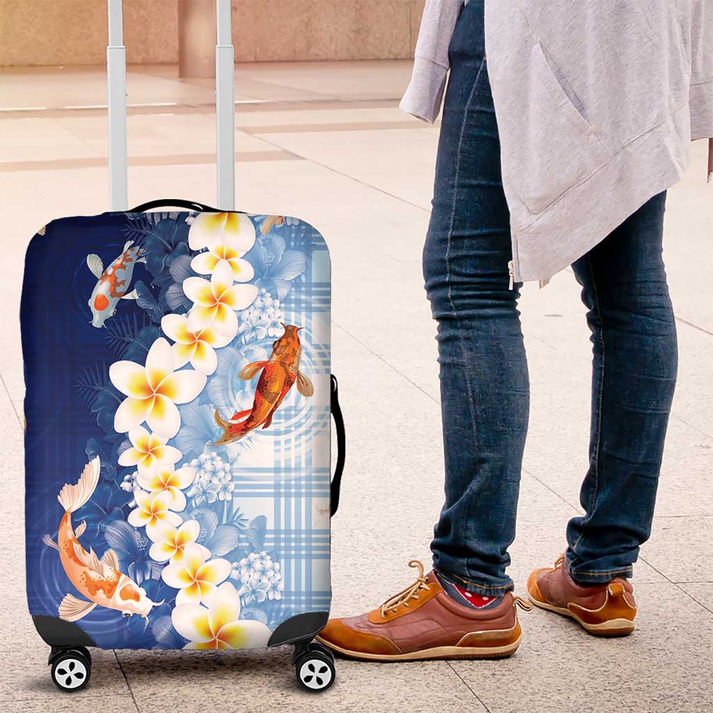 Hawaii And Japan Luggage Cover Plumeria Lei With Koi Fish Blue - Polynesian Pride