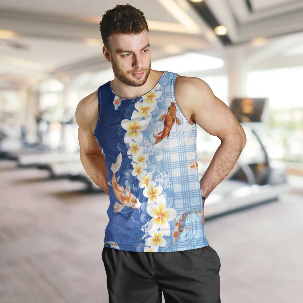 Hawaii And Japan Men Tank Top Plumeria Lei With Koi Fish Blue - Polynesian Pride
