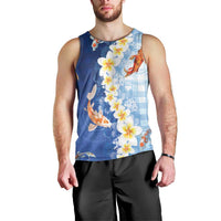 Hawaii And Japan Men Tank Top Plumeria Lei With Koi Fish Blue - Polynesian Pride