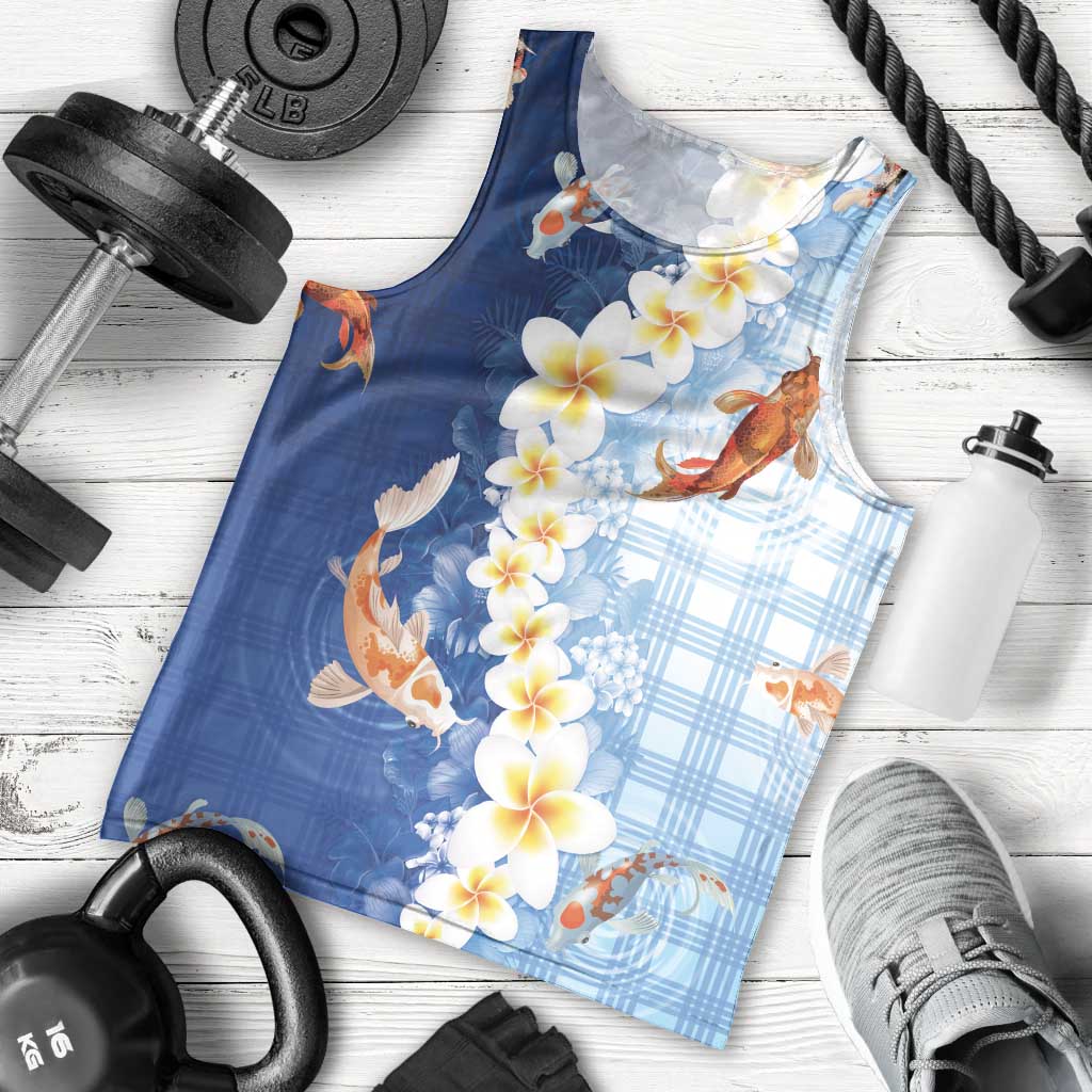 Hawaii And Japan Men Tank Top Plumeria Lei With Koi Fish Blue - Polynesian Pride