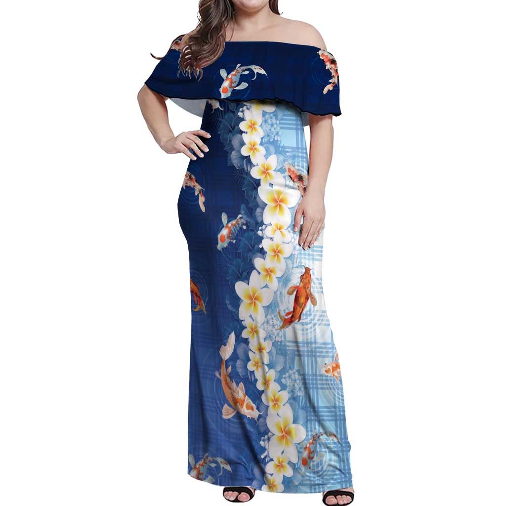 Hawaii And Japan Off Shoulder Maxi Dress Plumeria Lei With Koi Fish Blue - Polynesian Pride