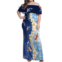 Hawaii And Japan Off Shoulder Maxi Dress Plumeria Lei With Koi Fish Blue - Polynesian Pride