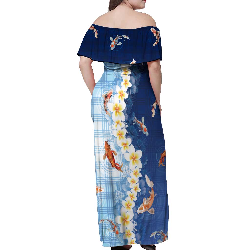 Hawaii And Japan Off Shoulder Maxi Dress Plumeria Lei With Koi Fish Blue - Polynesian Pride