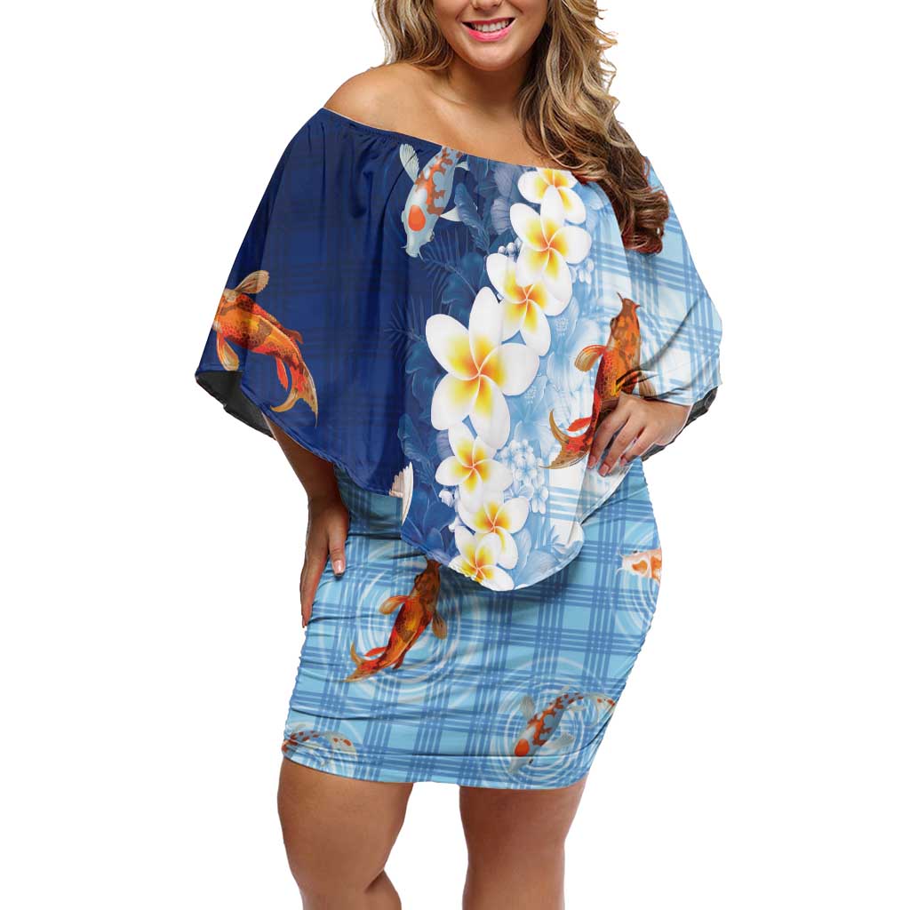 Hawaii And Japan Off Shoulder Short Dress Plumeria Lei With Koi Fish Blue - Polynesian Pride
