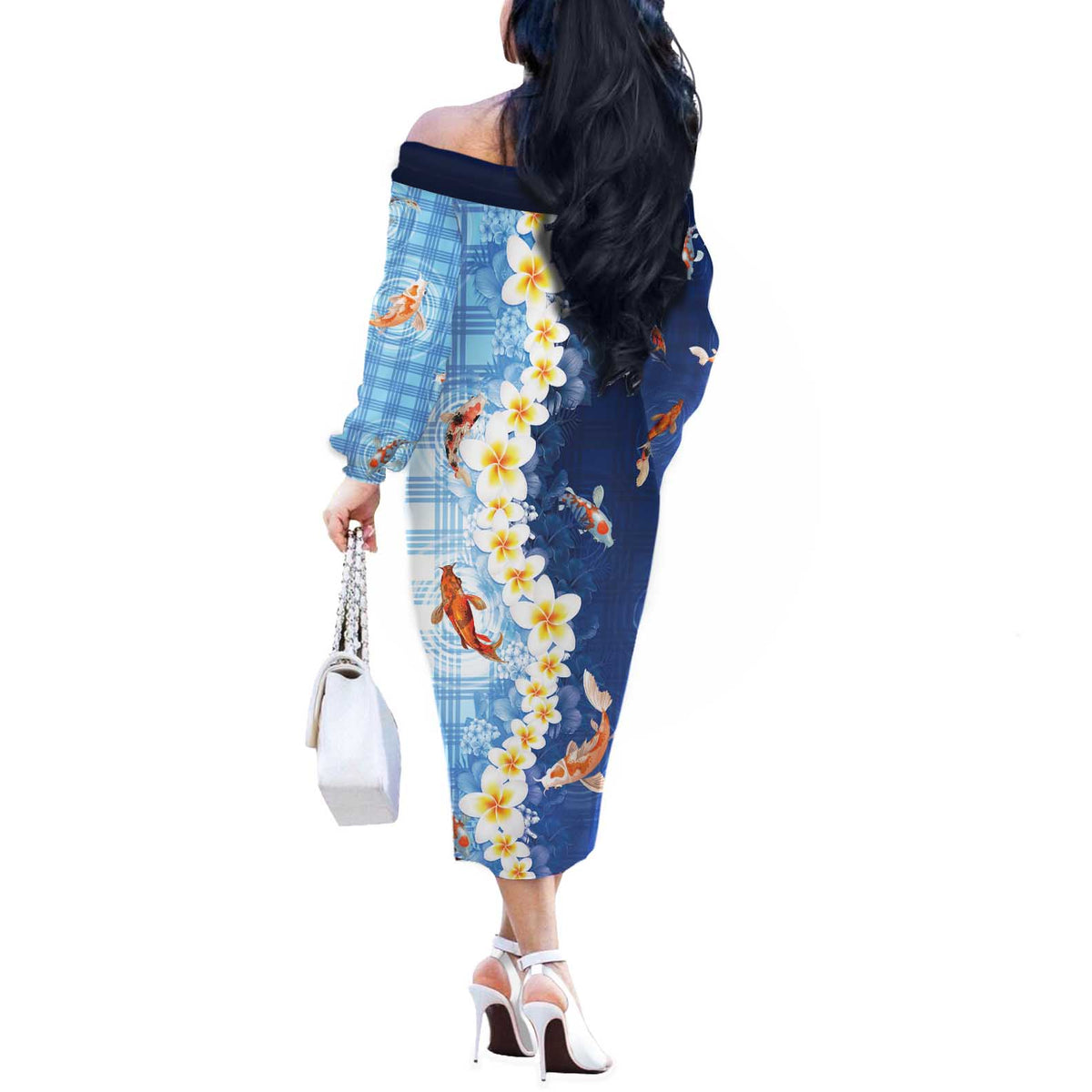 Hawaii And Japan Off The Shoulder Long Sleeve Dress Plumeria Lei With Koi Fish Blue - Polynesian Pride