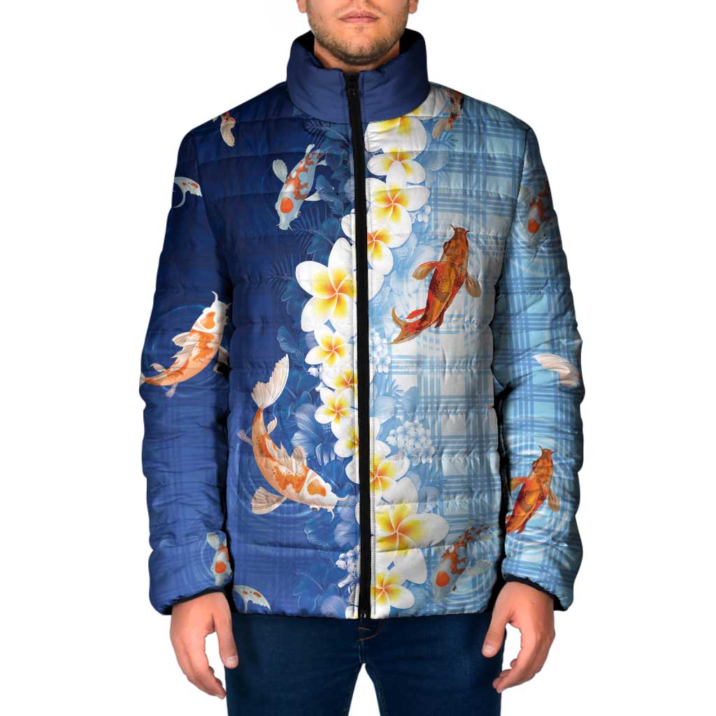 Hawaii And Japan Padded Jacket Plumeria Lei With Koi Fish Blue - Polynesian Pride