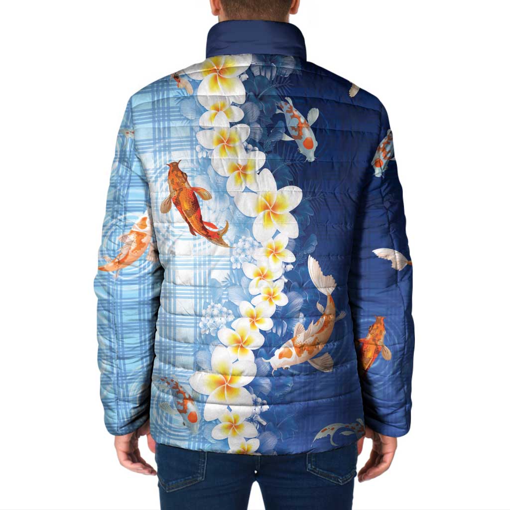 Hawaii And Japan Padded Jacket Plumeria Lei With Koi Fish Blue - Polynesian Pride