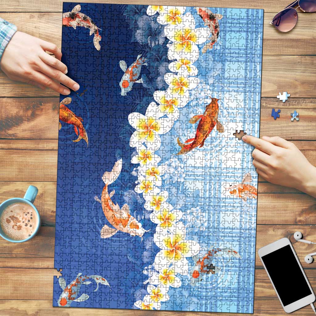 Hawaii And Japan Puzzle Plumeria Lei With Koi Fish Blue - Polynesian Pride