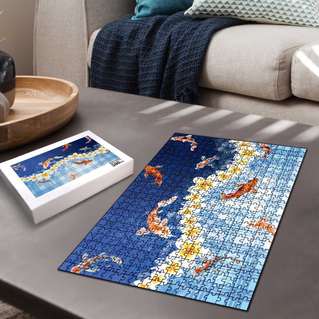 Hawaii And Japan Puzzle Plumeria Lei With Koi Fish Blue - Polynesian Pride
