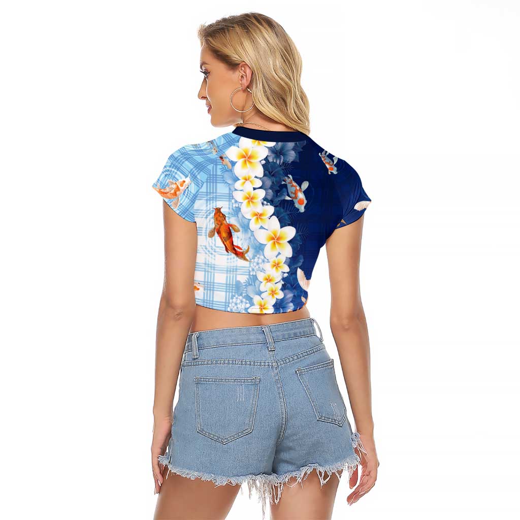 Hawaii And Japan Raglan Cropped T Shirt Plumeria Lei With Koi Fish Blue - Polynesian Pride