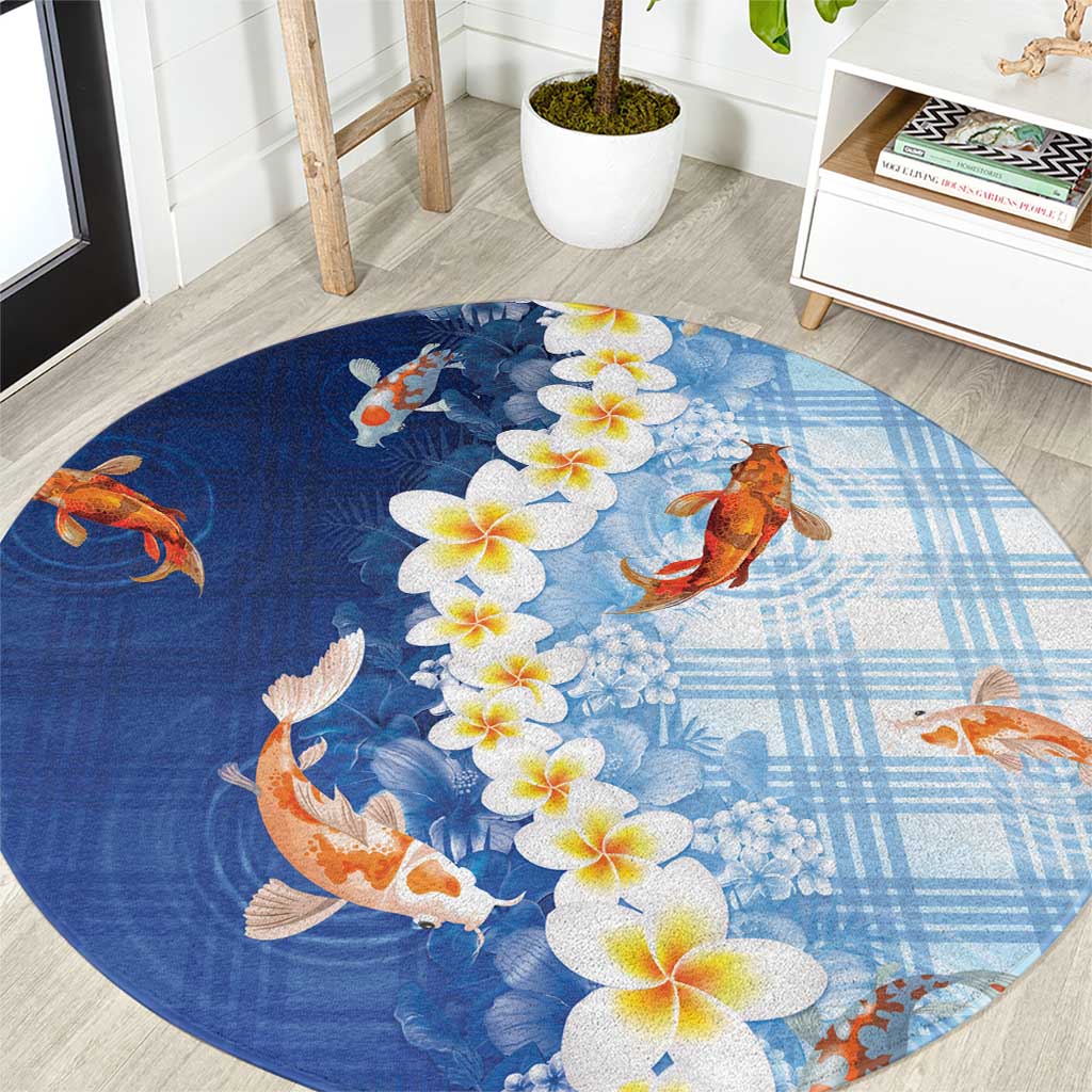 Hawaii And Japan Round Carpet Plumeria Lei With Koi Fish Blue - Polynesian Pride
