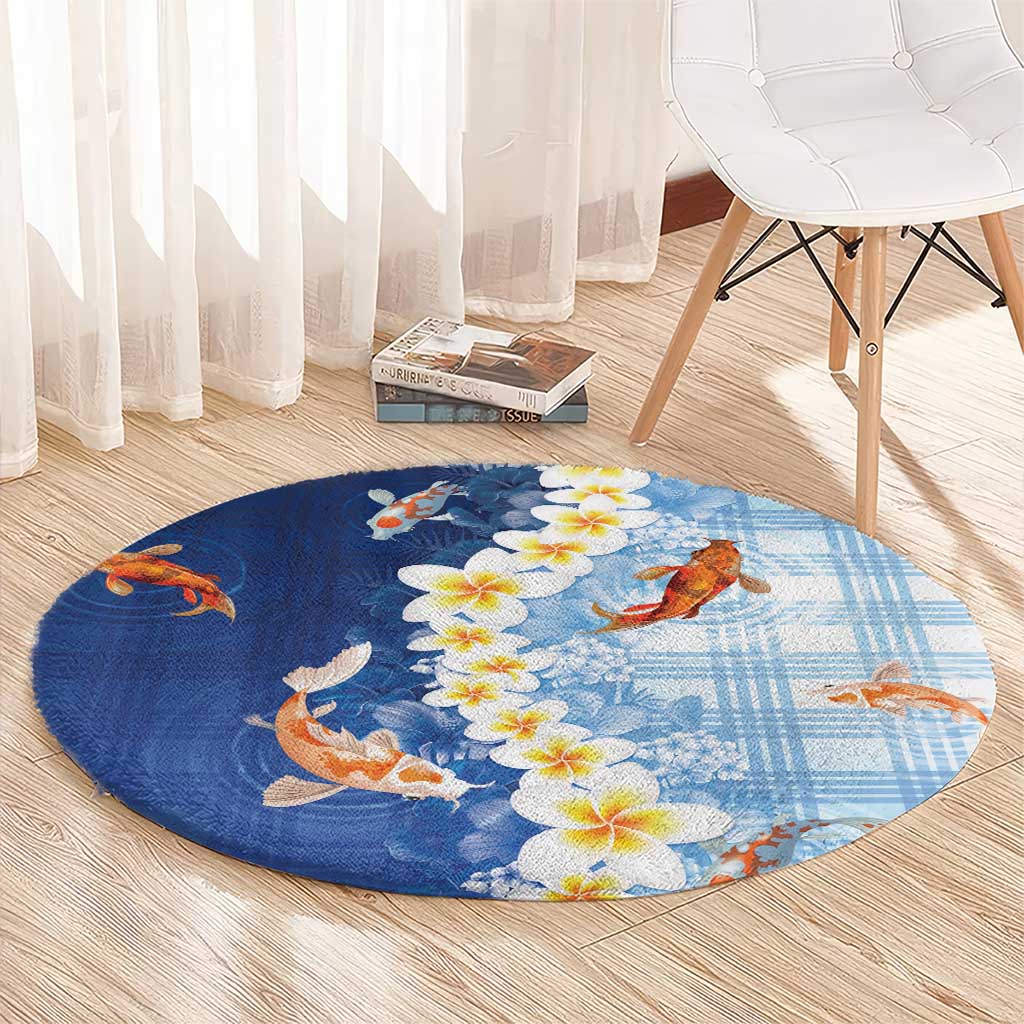 Hawaii And Japan Round Carpet Plumeria Lei With Koi Fish Blue - Polynesian Pride