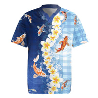 Hawaii And Japan Rugby Jersey Plumeria Lei With Koi Fish Blue - Polynesian Pride