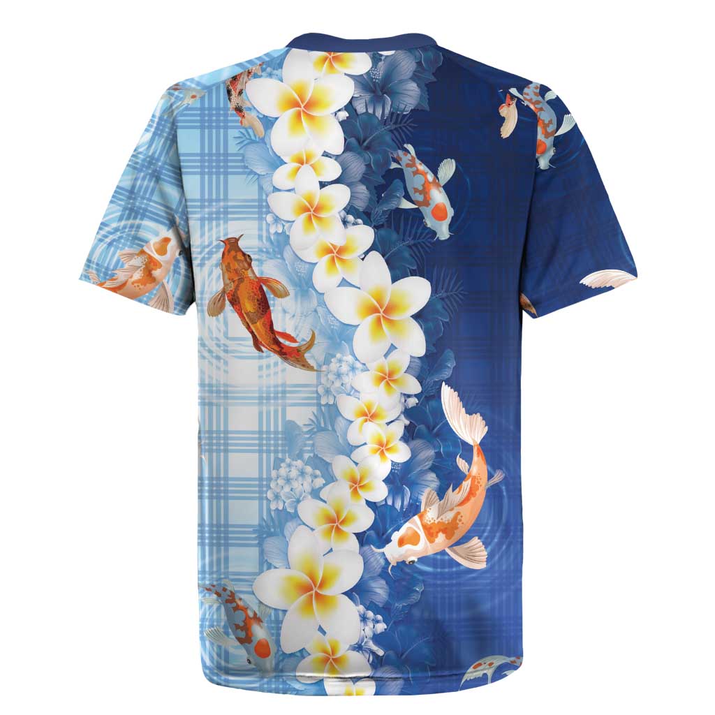 Hawaii And Japan Rugby Jersey Plumeria Lei With Koi Fish Blue - Polynesian Pride