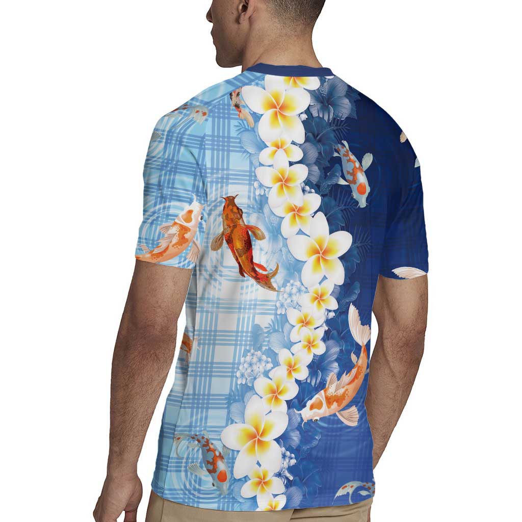 Hawaii And Japan Rugby Jersey Plumeria Lei With Koi Fish Blue - Polynesian Pride