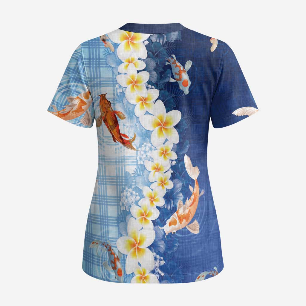 Hawaii And Japan Scrub Top Plumeria Lei With Koi Fish Blue - Polynesian Pride
