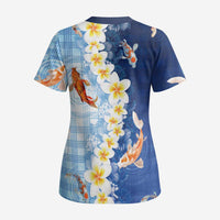 Hawaii And Japan Scrub Top Plumeria Lei With Koi Fish Blue - Polynesian Pride