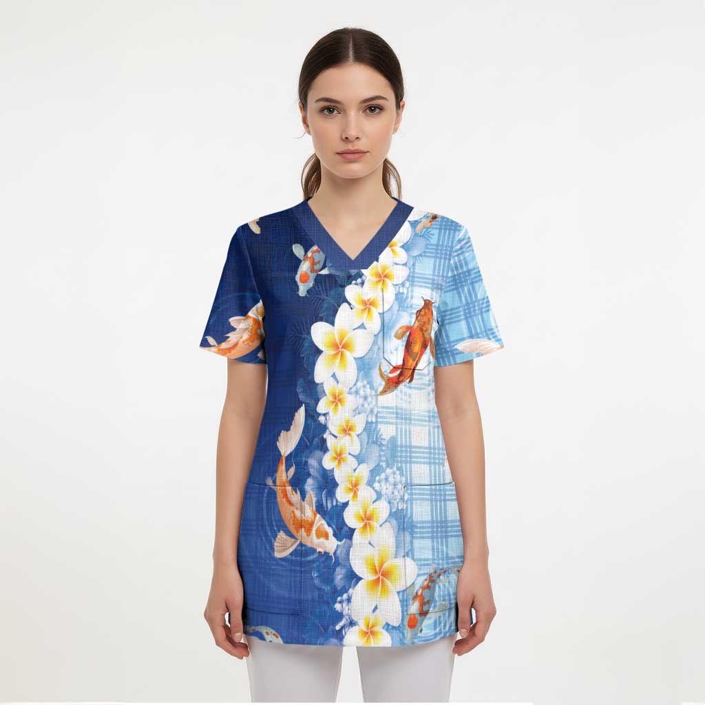 Hawaii And Japan Scrub Top Plumeria Lei With Koi Fish Blue - Polynesian Pride