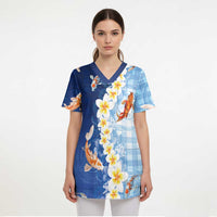 Hawaii And Japan Scrub Top Plumeria Lei With Koi Fish Blue - Polynesian Pride