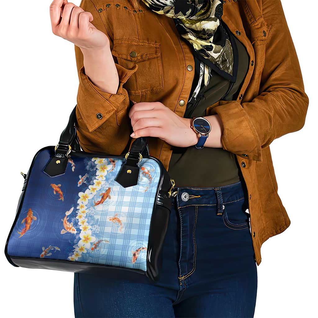 Hawaii And Japan Shoulder Handbag Plumeria Lei With Koi Fish Blue - Polynesian Pride