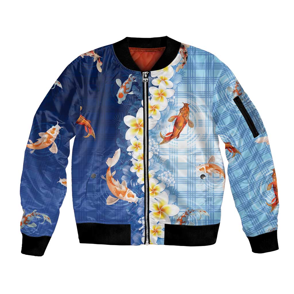 Hawaii And Japan Sleeve Zip Bomber Jacket Plumeria Lei With Koi Fish Blue - Polynesian Pride