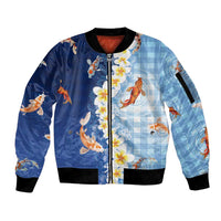 Hawaii And Japan Sleeve Zip Bomber Jacket Plumeria Lei With Koi Fish Blue - Polynesian Pride