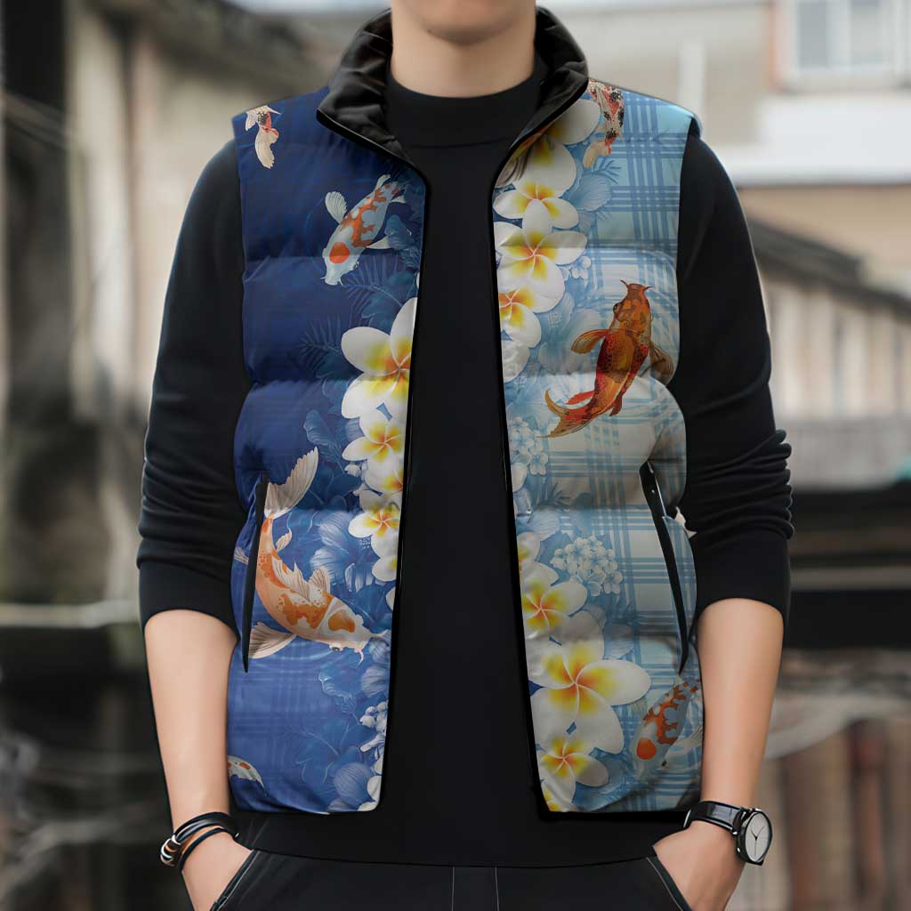 Hawaii And Japan Sleeveless Puffer Jacket Plumeria Lei With Koi Fish Blue - Polynesian Pride