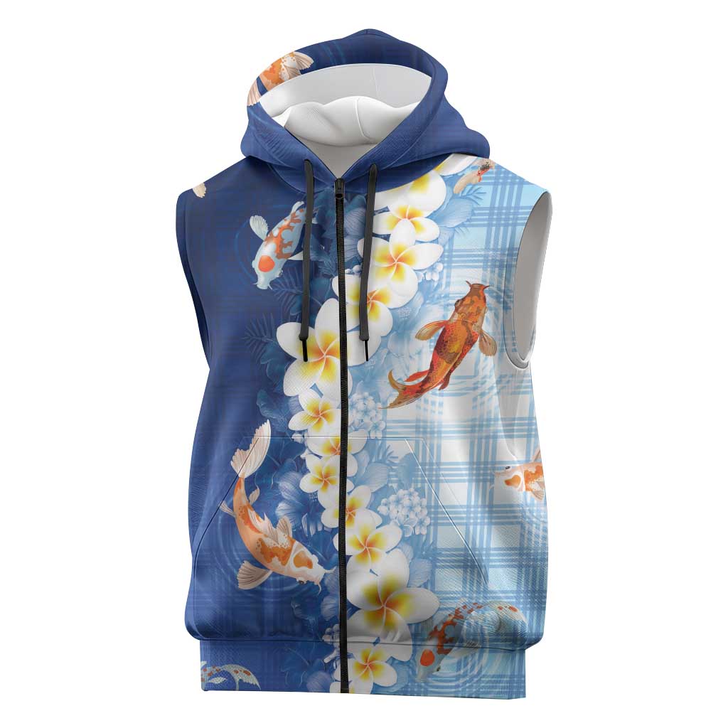 Hawaii And Japan Sleeveless Zip Hoodie Plumeria Lei With Koi Fish Blue - Polynesian Pride