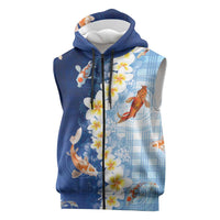 Hawaii And Japan Sleeveless Zip Hoodie Plumeria Lei With Koi Fish Blue - Polynesian Pride