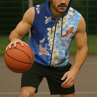 Hawaii And Japan Sleeveless Zip Hoodie Plumeria Lei With Koi Fish Blue - Polynesian Pride