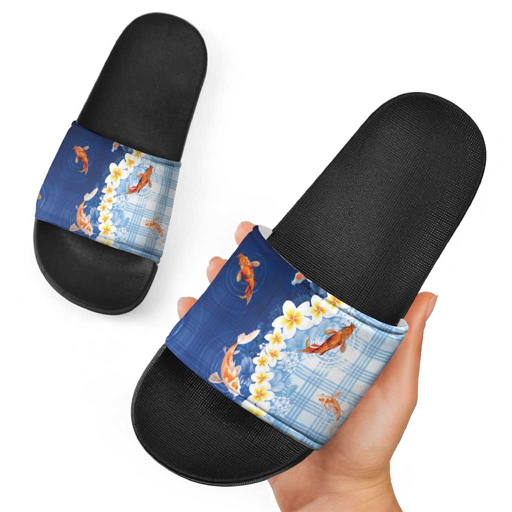Hawaii And Japan Slide Sandals Plumeria Lei With Koi Fish Blue - Polynesian Pride