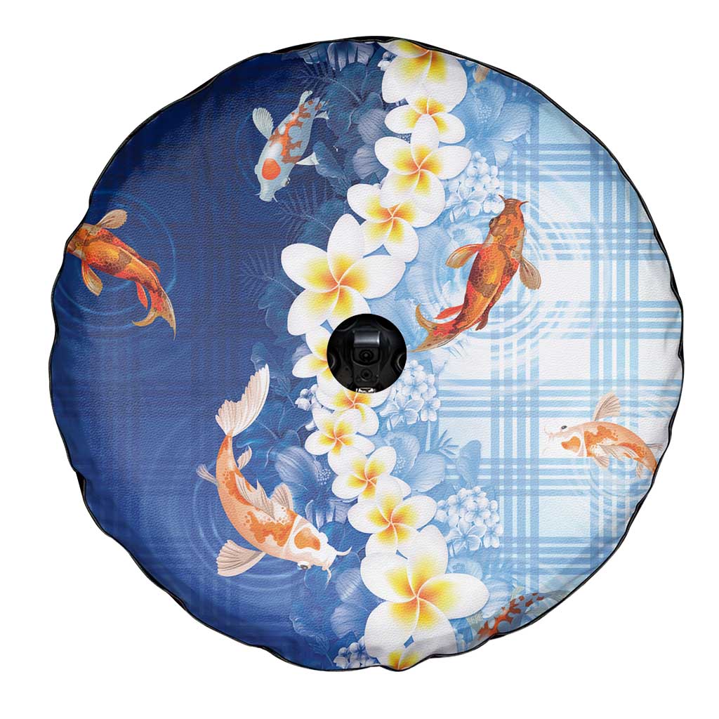 Hawaii And Japan Spare Tire Cover Plumeria Lei With Koi Fish Blue - Polynesian Pride