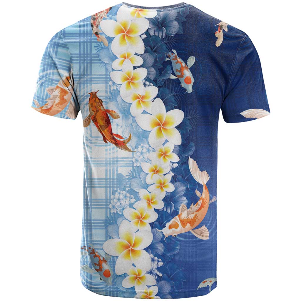 Hawaii And Japan T Shirt Plumeria Lei With Koi Fish Blue - Polynesian Pride