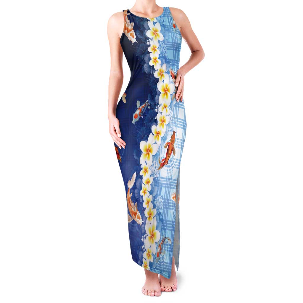 Hawaii And Japan Tank Maxi Dress Plumeria Lei With Koi Fish Blue - Polynesian Pride