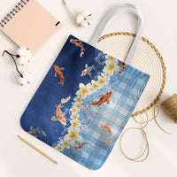 Hawaii And Japan Tote Bag Plumeria Lei With Koi Fish Blue - Polynesian Pride