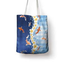 Hawaii And Japan Tote Bag Plumeria Lei With Koi Fish Blue - Polynesian Pride