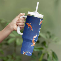 Hawaii And Japan Tumbler With Handle Plumeria Lei With Koi Fish Blue - Polynesian Pride
