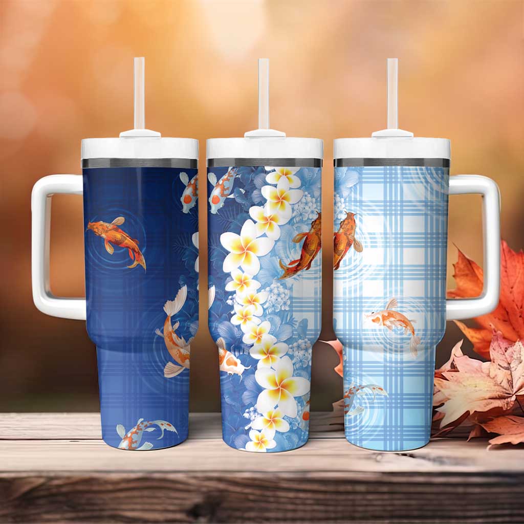 Hawaii And Japan Tumbler With Handle Plumeria Lei With Koi Fish Blue - Polynesian Pride