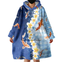 Hawaii And Japan Wearable Blanket Hoodie Plumeria Lei With Koi Fish Blue - Polynesian Pride