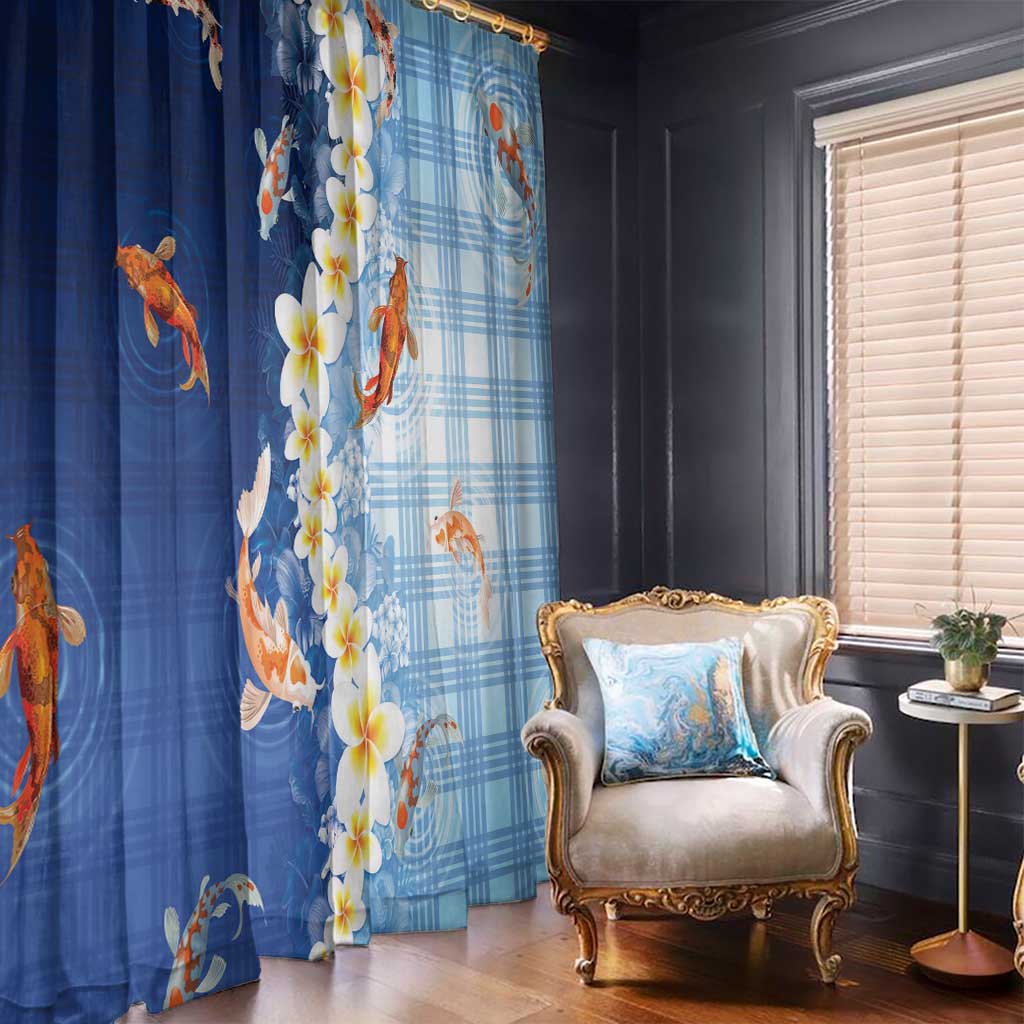 Hawaii And Japan Window Curtain Plumeria Lei With Koi Fish Blue - Polynesian Pride