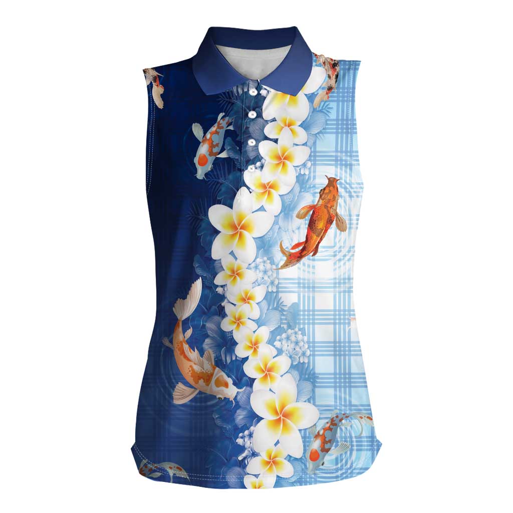 Hawaii And Japan Women Sleeveless Polo Shirt Plumeria Lei With Koi Fish Blue - Polynesian Pride