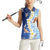 Hawaii And Japan Women Sleeveless Polo Shirt Plumeria Lei With Koi Fish Blue - Polynesian Pride