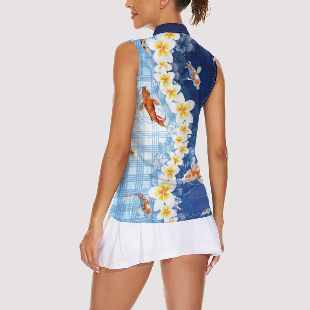 Hawaii And Japan Women Sleeveless Polo Shirt Plumeria Lei With Koi Fish Blue - Polynesian Pride