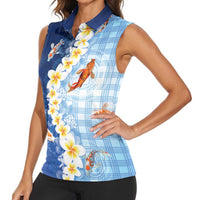 Hawaii And Japan Women Sleeveless Polo Shirt Plumeria Lei With Koi Fish Blue - Polynesian Pride