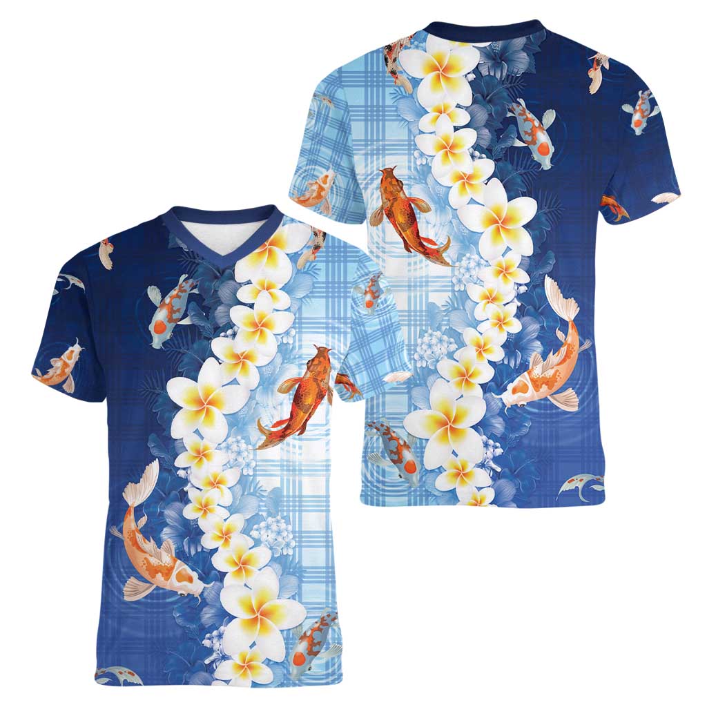 Hawaii And Japan Women V-Neck T-Shirt Plumeria Lei With Koi Fish Blue - Polynesian Pride