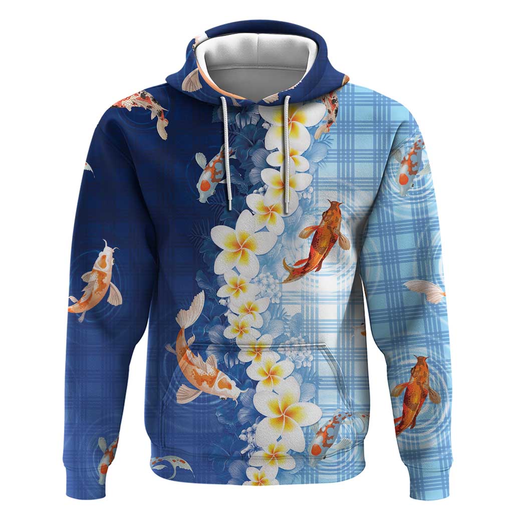 Hawaii And Japan Zip Hoodie Plumeria Lei With Koi Fish Blue - Polynesian Pride