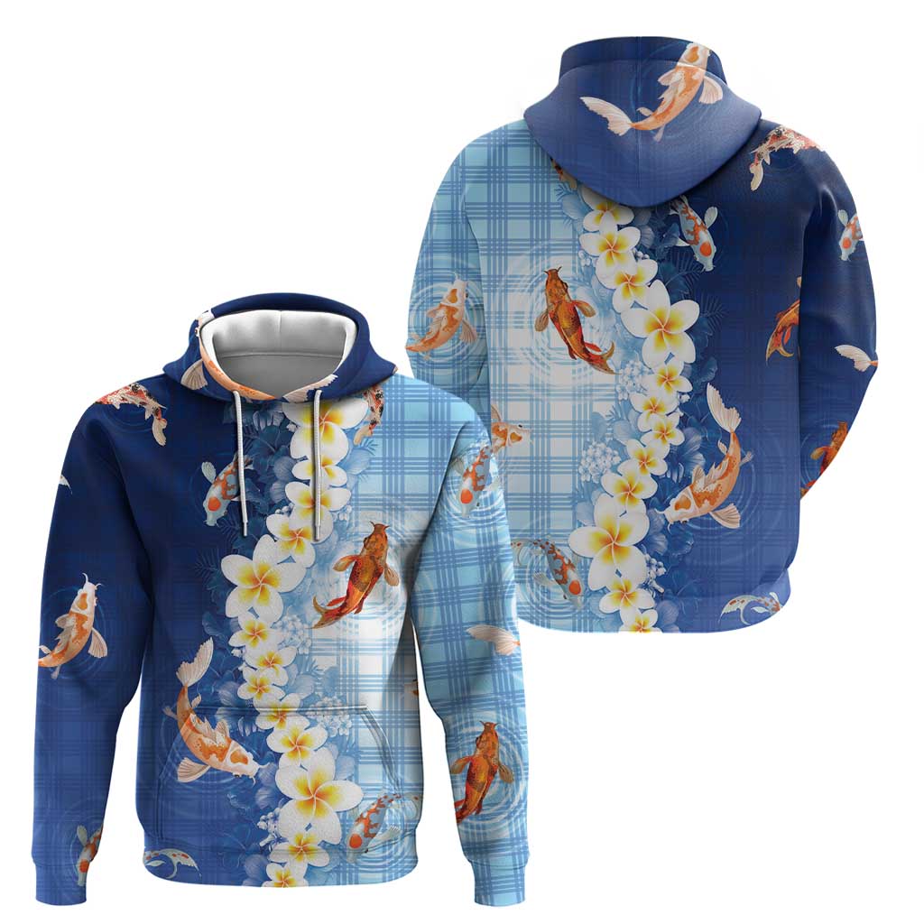 Hawaii And Japan Zip Hoodie Plumeria Lei With Koi Fish Blue - Polynesian Pride