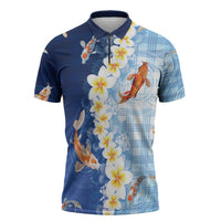 Hawaii And Japan Zipper Polo Shirt Plumeria Lei With Koi Fish Blue - Polynesian Pride