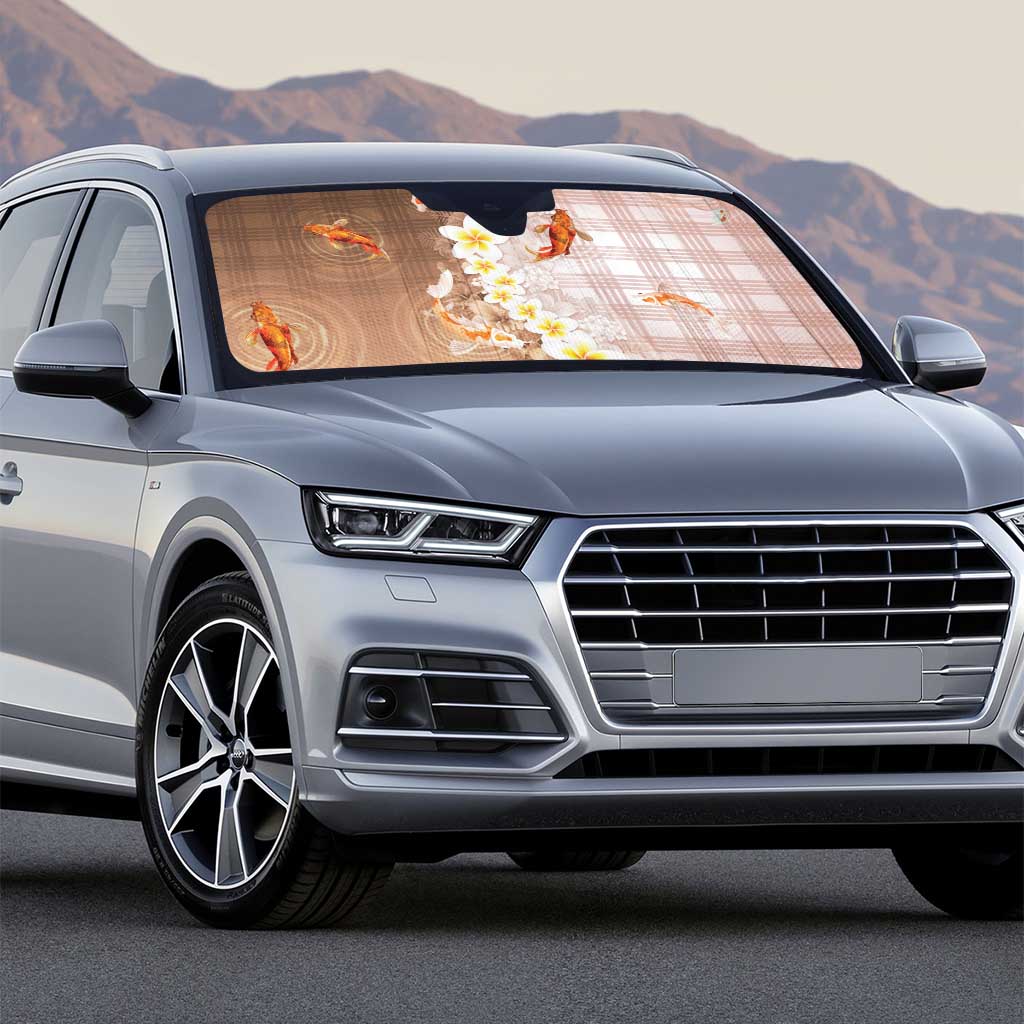 Hawaii And Japan Auto Sun Shade Plumeria Lei With Koi Fish Beige - Polynesian Pride