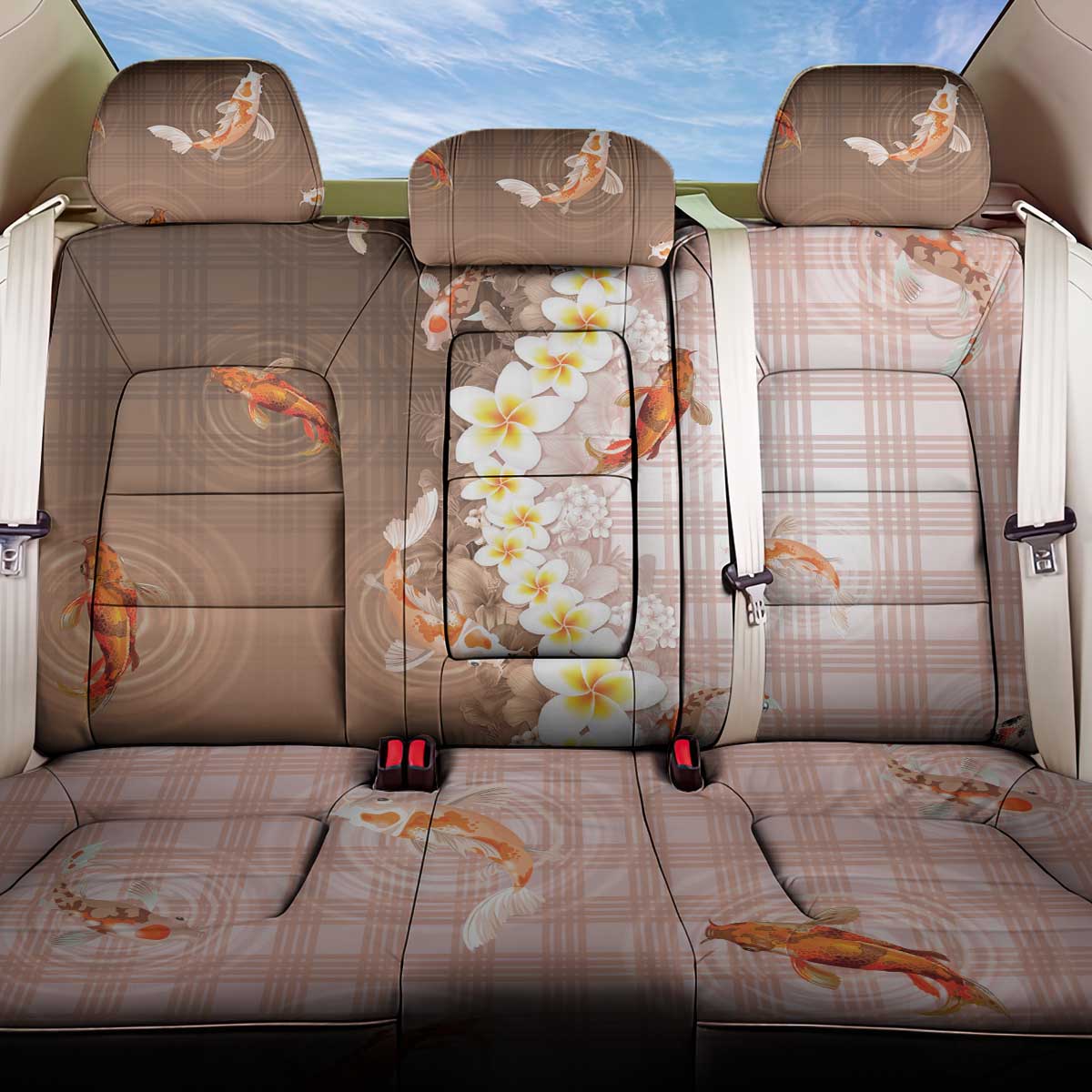 Hawaii And Japan Back Car Seat Cover Plumeria Lei With Koi Fish Beige - Polynesian Pride
